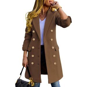 Women's Dark Khaki  Fall Winter Wool Coats Double Breasted  Peacoat Trench Coats
